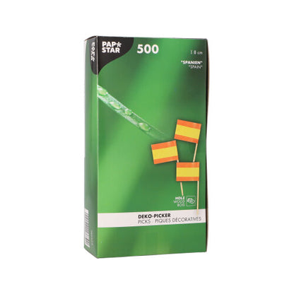 In a white box with the inscription "PAPSTAR 500 Deco-Picker 8 cm white" from PAPSTAR GmbH are 8 cm long deco-pickers. The packaging shows, alongside the image of the picks, texts in German, English, and French – ideal for stylish presentations!