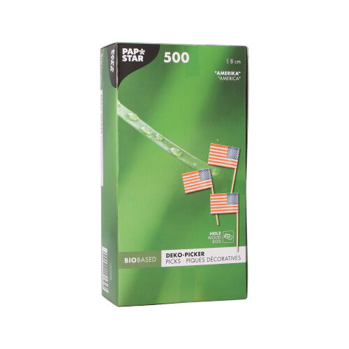 Eine weiße Box mit der Aufschrift „PAPSTAR 500 Deko-Picker 8 cm weiß“ der PAPSTAR GmbH enthält umweltfreundliche Picker für stilvolle Präsentationen, mit Produktinformationen und einem Foto der Picks in mehreren Sprachen.