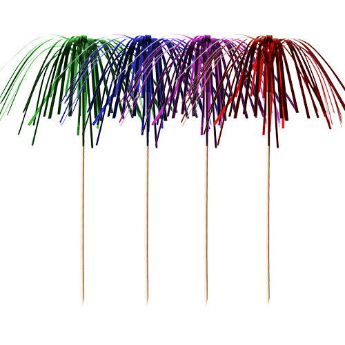 The PAPSTAR 100 decoration picks from PAPSTAR GmbH are high-quality, robust wooden picks with metallic tinsel in green, blue, purple, and red - ideal as mini palm trees for stylish party decor!