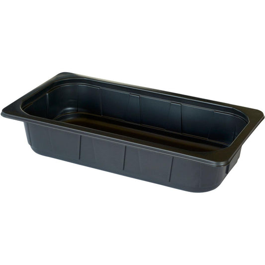 Die Duni GmbH PP Schale 1/3 GN Schwarz (325x176x65 mm) ist eine rechteckige schwarze Kunststoffschale mit geraden Seiten und flachem Rand, ideal für die Aufbewahrung oder Ausgabe in Großküchen. Wird in einer Packung mit 144 Stück geliefert.