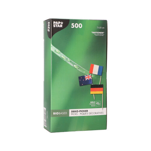 Eine weiße Box mit der Aufschrift „PAPSTAR 500 Deko-Picker 8 cm weiss“ der PAPSTAR GmbH enthält biobasierte, umweltfreundliche Picks – ideal für stilvolle Präsentationen mit verschiedenen Flaggen-Designs.