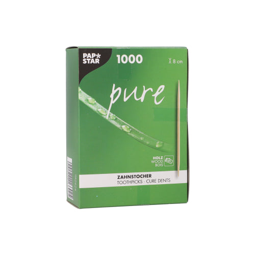 Eine grüne Box mit der Aufschrift „PAPSTAR pur“ enthält 1000 runde Holzzahnstocher (8 cm) mit deutsch-englischem Text, Zahnstochermotiv und einem grünen Blatt mit Wassertropfen – biologisch abbaubar und umweltfreundlich. Marke: PAPSTAR GmbH.