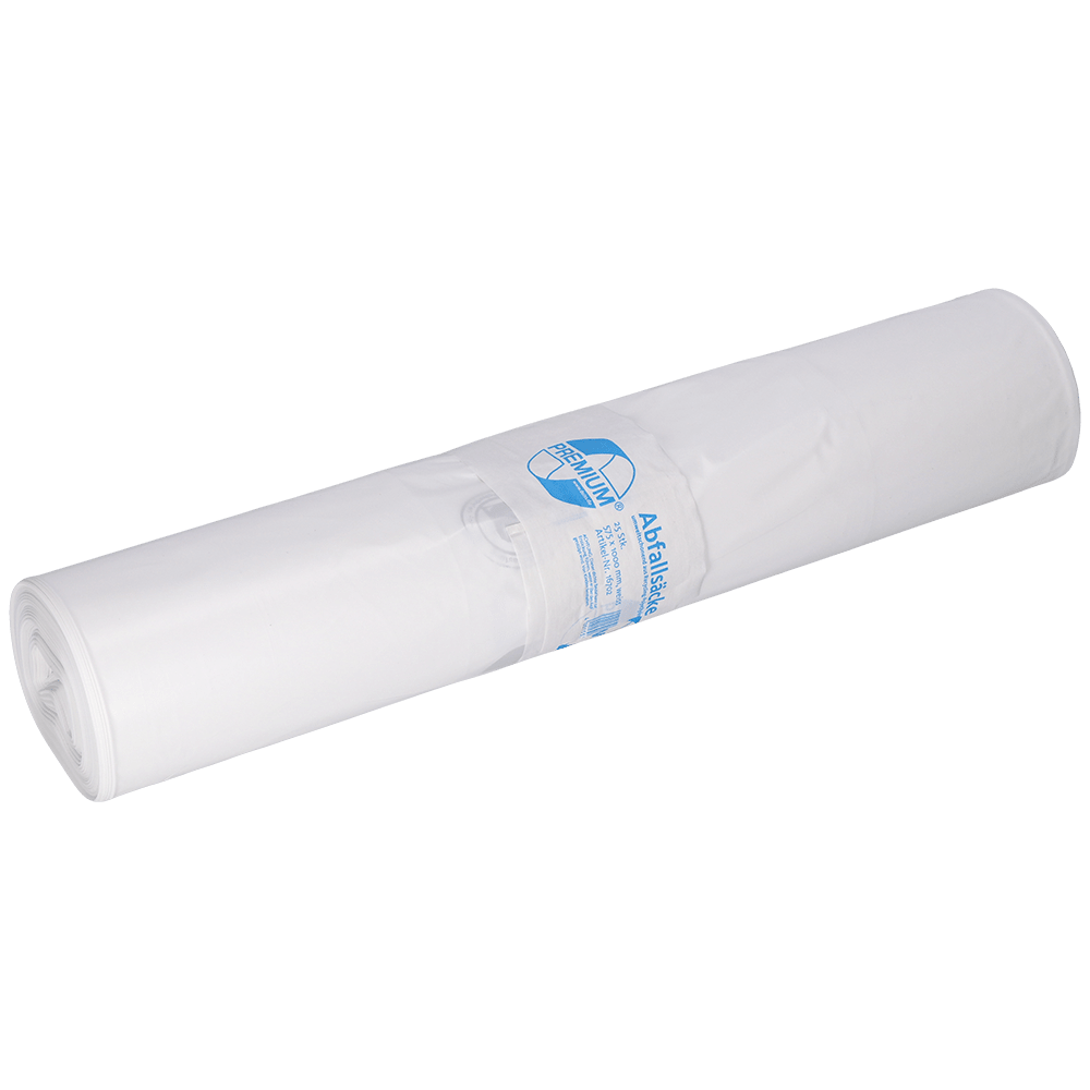 A roll of EMIL DEISS KG (GmbH + Co.) DEISS 16702 plastic bags, 575x1000 mm type 60 white, pack (25 pieces), is provided with a blue-white banderole and the label "Paper white" on a white background.