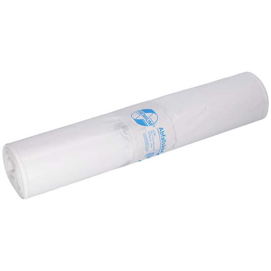 Eine Rolle EMIL DEISS KG (GmbH + Co.) DEISS 16702 Kunststoffbeutel, 575x1000 mm Typ 60 weiss, Packung (25 Stück), ist mit einer blau-weißen Banderole und dem Etikett "Papier weiss" auf weißem Hintergrund versehen.