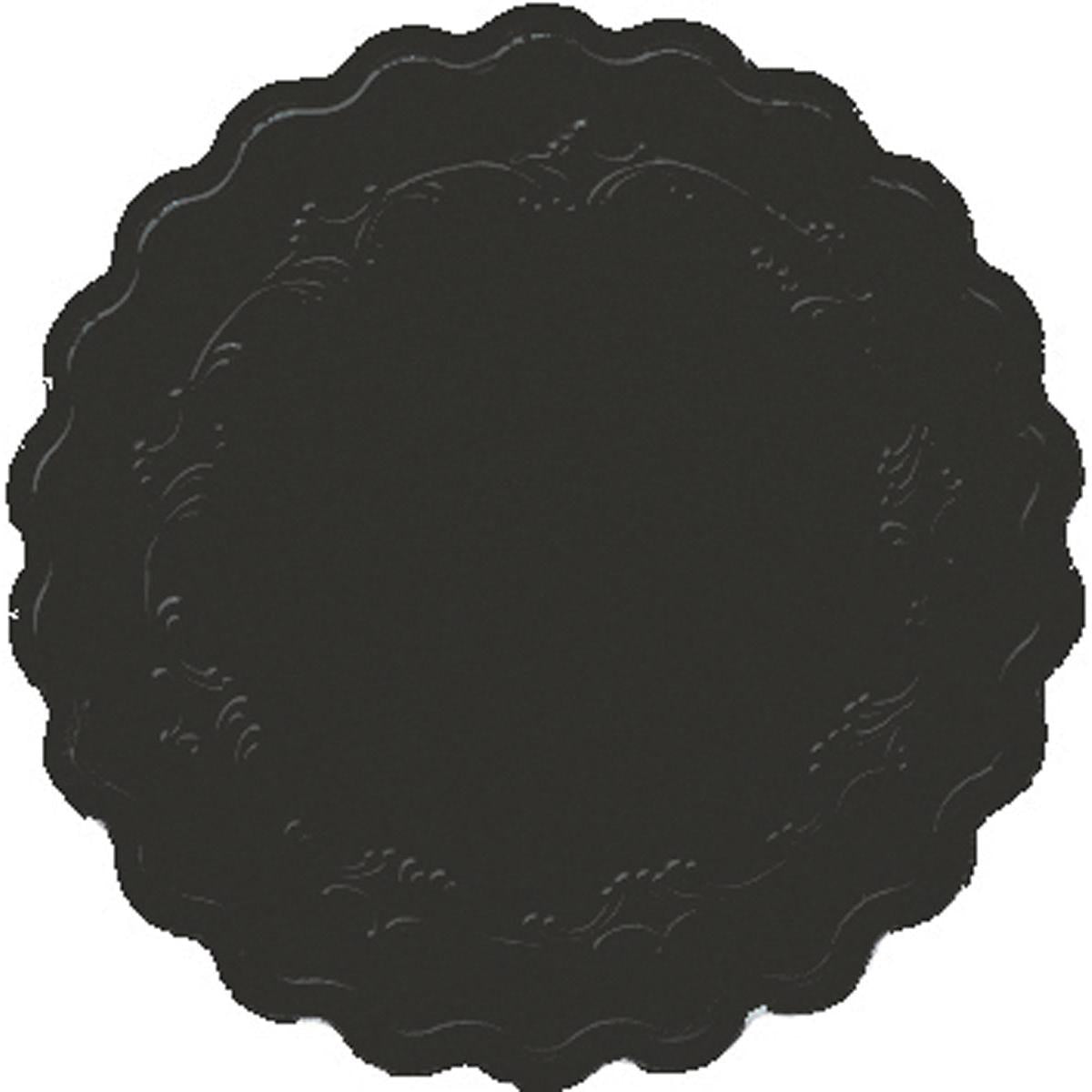 Der Zelltuch-Untersetzer Ø 9 cm, 8-lagig Romance schwarz von Duni GmbH ist ein runder, schwarzer Untersetzer mit Wellenrand und geprägtem Randmuster, ähnlich dem schwarzen Untersetzer, abgebildet auf weißem Untergrund. Packung: 250 Stück.