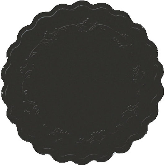 Der Zelltuch-Untersetzer Ø 9 cm, 8-lagig Romance schwarz von Duni GmbH ist ein runder, schwarzer Untersetzer mit Wellenrand und geprägtem Randmuster, ähnlich dem schwarzen Untersetzer, abgebildet auf weißem Untergrund. Packung: 250 Stück.