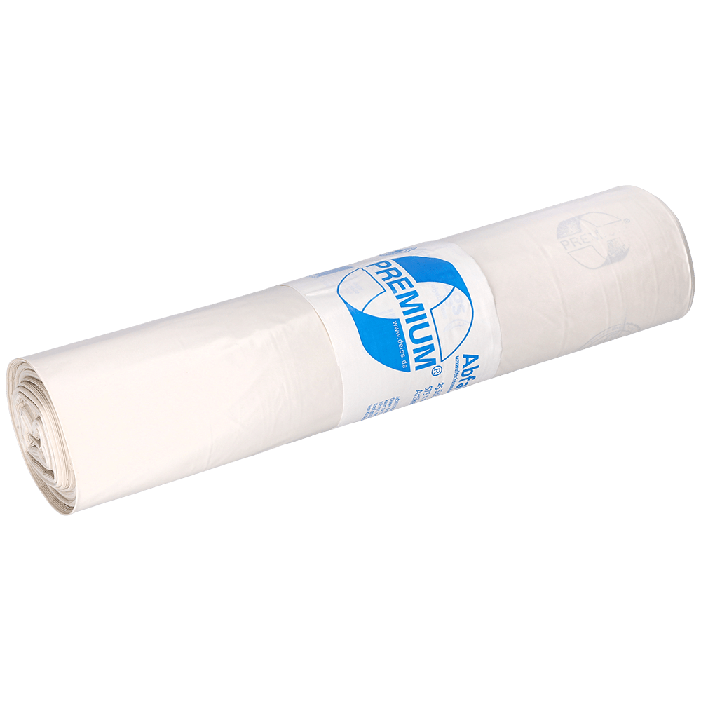 A roll of EMIL DEISS KG (GmbH + Co.) garbage bags, model DEISS 16709, 575x1000 mm, white with "PREMIUM" on the label. The package contains 25 pieces.