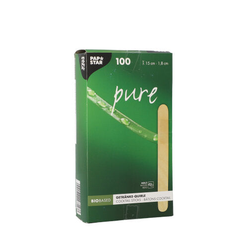 Eine grüne PAPSTAR-Box mit der Aufschrift „pure“ enthält 100 Cocktail-Stöcke aus Holz (15 x 1,8 cm), ideal für Caipirinha und andere Getränke, mit Produktinfos und einem Sichtfenster mit Probierstäbchen. Marke: PAPSTAR GmbH.