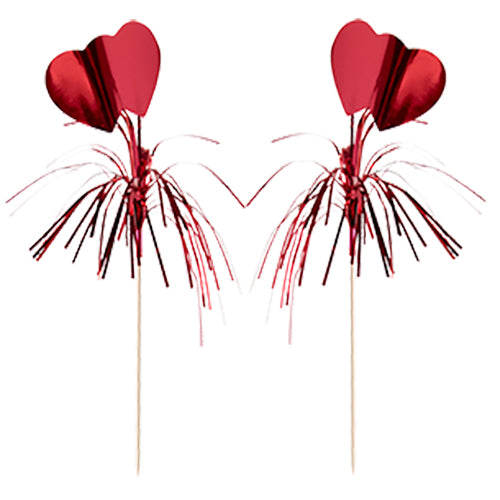 The decoration pick PAPSTAR 100 from PAPSTAR GmbH features two red heart picks with metallic streamers – ideal for stylish presentations or buffets, here on a white background.