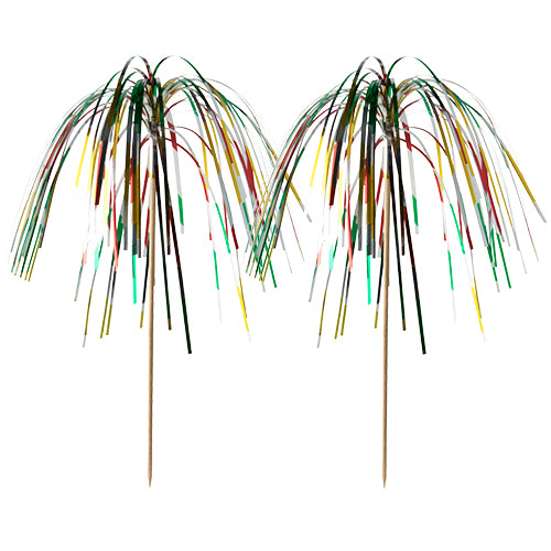 Two metallic colorful decoration picks of type PAPSTAR 100 from PAPSTAR GmbH with long, thin strands on wooden sticks, fanned out like fireworks - ideal for stylish buffets or presentations - on a white background.