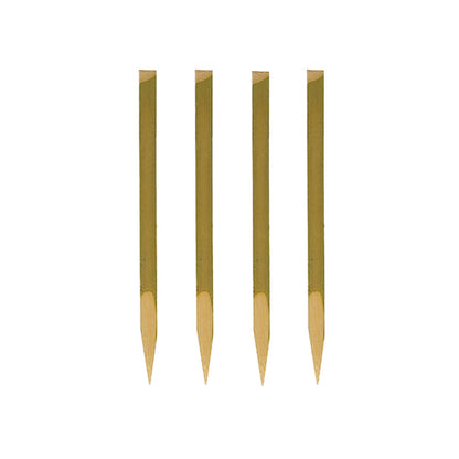 Vier PAPSTAR Fingerfood-Spieße (11 cm, Naturholz) der PAPSTAR GmbH sind vor weißem Hintergrund senkrecht angeordnet - jeweils mit spitzem Ende und flacher Oberseite. Perfekt für Partys, sind diese 200-teiligen Tabletts nachhaltig und biologisch abbaubar.