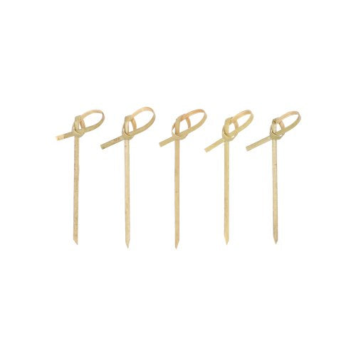Fünf PAPSTAR 250 Fingerfood - Picker „pure“ der PAPSTAR GmbH, jeweils mit einer dekorativen Schlaufe an der Spitze versehen, stehen in einer Reihe vor weißem Hintergrund.