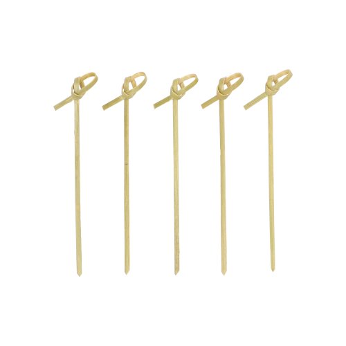 Fünf PAPSTAR 250 Fingerfood - Picker „pure“ Bambusspieße der PAPSTAR GmbH mit Schlaufenknoten stehen aufrecht in einer Reihe vor weißem Hintergrund – umweltfreundlich, biologisch abbaubar und ideal für jeden Anlass.