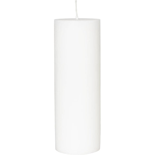 Die Duni GmbH Stumpenkerze ist eine schlichte weiße, zylindrische Kerze (200 x 70 mm), hergestellt aus 100% umweltfreundlichem Stearin, mit einem unbeleuchteten Docht in der oberen Mitte. Die Brenndauer beträgt ca. 60h. Verkauft in einer Packung mit einem Stück.