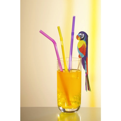 A glass of orange juice with ice and three straws, one of which has a decoration pick PAPSTAR 100 from PAPSTAR GmbH, stands out against a subtle light yellow gradient – ideal for stylish buffet presentations.