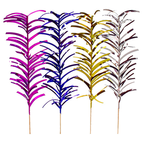 The decoration pick PAPSTAR 100 from PAPSTAR GmbH presents metallic palm leaves in pink, blue, gold, and silver with thin stems and a shiny surface – ideal for stylish buffet presentations. Arranged on a white background.