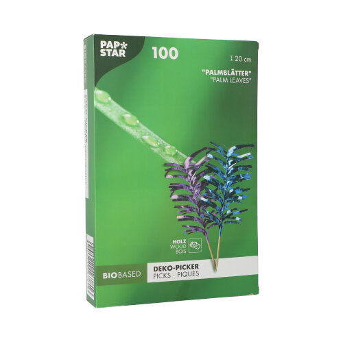 The PAPSTAR 100 decoration pick from PAPSTAR GmbH is a green box with 100 biobased palm leaf picks, each 20 cm long. The packaging shows an image and photos of the picks in blue and purple – ideal for buffets and elegant presentations.