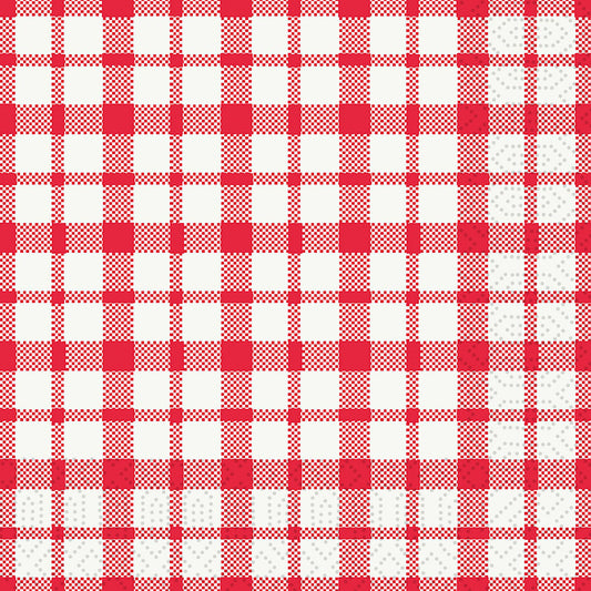 Ein rot-weißes Karo mit sich kreuzenden Linien bildet einen Gingham-Look - ideal für Duni GmbH Zelltuchservietten 33 x 33 cm, 3-lagig, 1/4 Falz Giovanni, Packung (250 Servietten).
