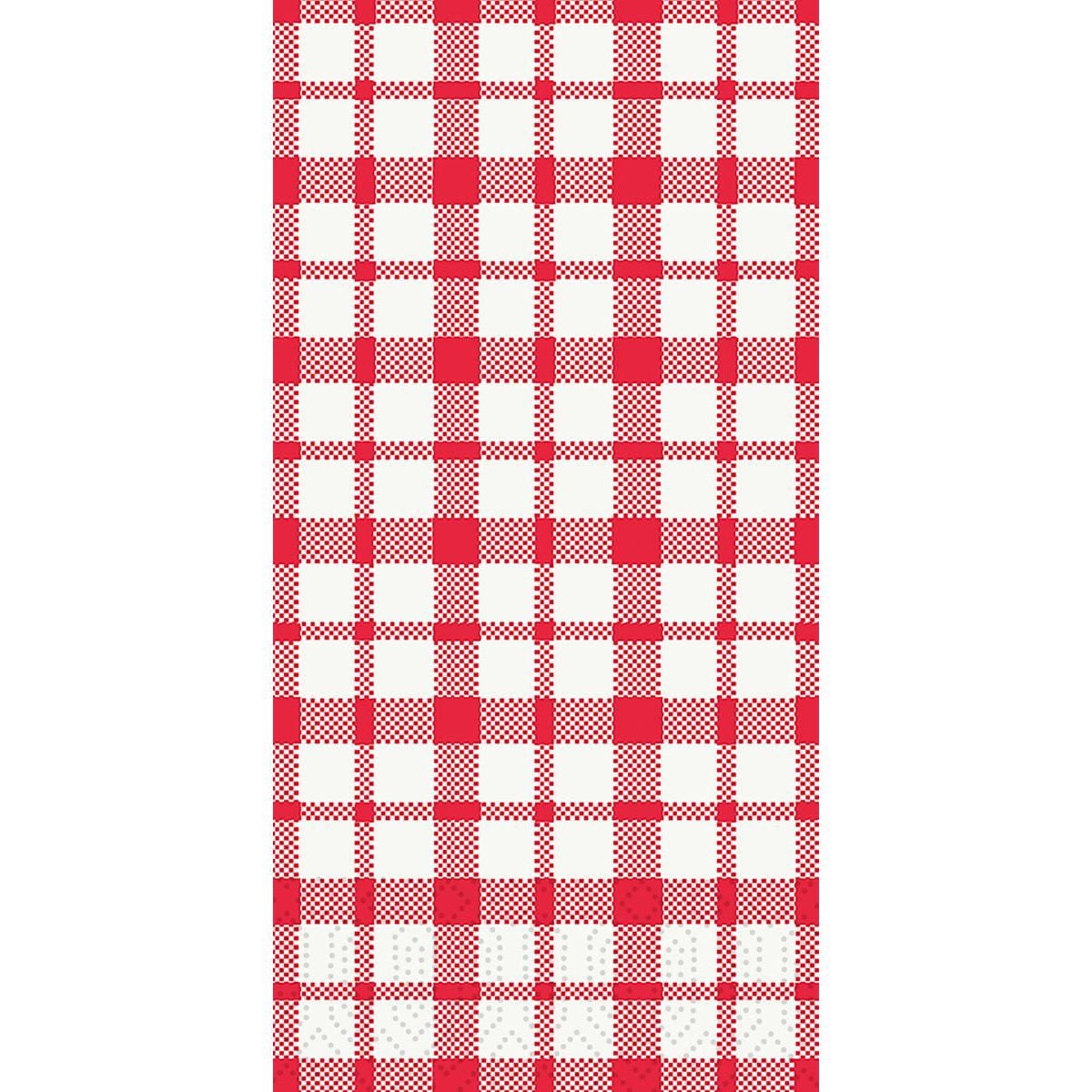 Die Duni GmbH Zelltuchservietten 40 x 40 cm 3lagig 1/8 Kopffalz Giovanni (Packung mit 250 Servietten) zeigen ein zeitloses rot-weißes Gingham-Karomuster mit symmetrischen, gleichmäßig verteilten Linien.