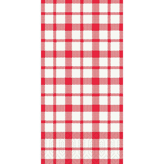 Die Duni GmbH Zelltuchservietten 40 x 40 cm 3lagig 1/8 Kopffalz Giovanni (Packung mit 250 Servietten) zeigen ein zeitloses rot-weißes Gingham-Karomuster mit symmetrischen, gleichmäßig verteilten Linien.