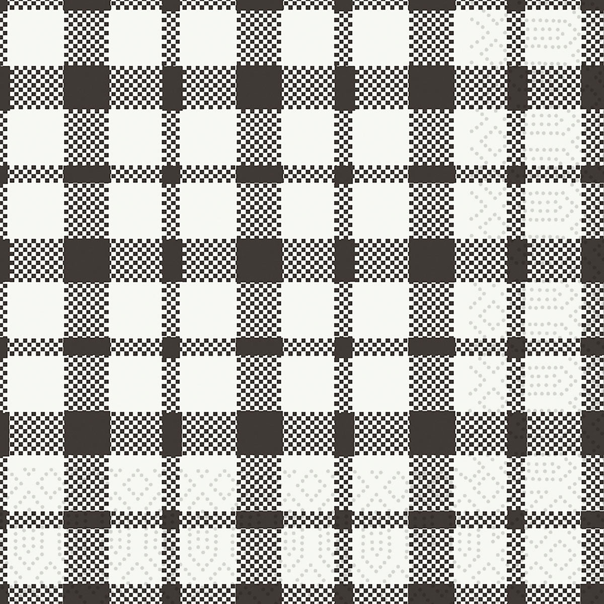 Die Duni GmbH Zelltuchservietten 24 x 24 cm 3lagig 1/4 Falz Izza (250er-Pack) zeigen ein schwarz-weiß kariertes Karo, bei dem sich einfarbige Quadrate, kleine Karos und dünne Linien in einem Raster abwechseln.