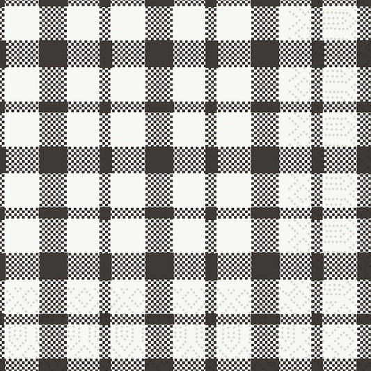 Die Duni GmbH Zelltuchservietten 24 x 24 cm 3lagig 1/4 Falz Izza (250er-Pack) zeigen ein schwarz-weiß kariertes Karo, bei dem sich einfarbige Quadrate, kleine Karos und dünne Linien in einem Raster abwechseln.