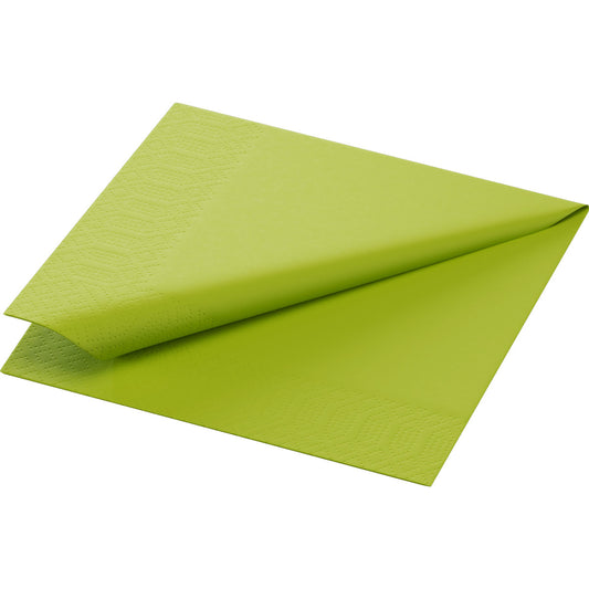 Eine einzelne Kiwi-Zellserviette (24 x 24 cm, 3-lagig, 1/4-Falz) aus der 250er-Packung der Duni GmbH ist teilweise aufgefaltet, um ihre Struktur und die gefalteten Kanten auf einem schlichten weißen Hintergrund zu zeigen.