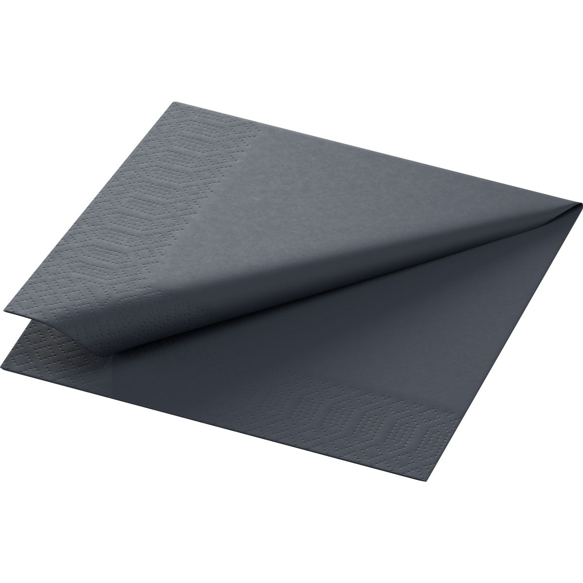 A Duni GmbH tissue napkin 24x24 cm, 3-ply, black from a pack of 250 pieces is partially folded diagonally on a white background, highlighting the textured edges and the deep gray-black color.