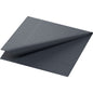 A Duni GmbH tissue napkin 24x24 cm, 3-ply, black from a pack of 250 pieces is partially folded diagonally on a white background, highlighting the textured edges and the deep gray-black color.