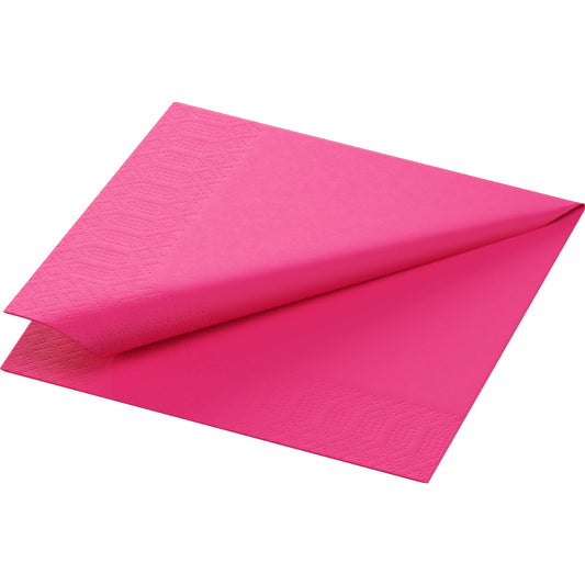Eine einzelne fuchsiafarbene Duni GmbH Zelltuchservietten-Serviette (24 x 24 cm, 3-lagig, 1/4 Falz) aus einer 250er-Packung ist auf weißem Hintergrund teilweise aufgefaltet dargestellt und zeigt ihre dezente Randprägung.