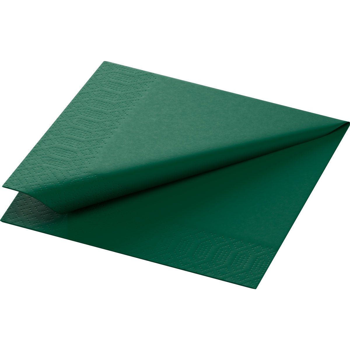 A folded Duni GmbH 24x24 cm cell tissue napkin, 3-ply, hunter green paper napkin with embossed edges, shown on a white background. Each pack contains 250 napkins.