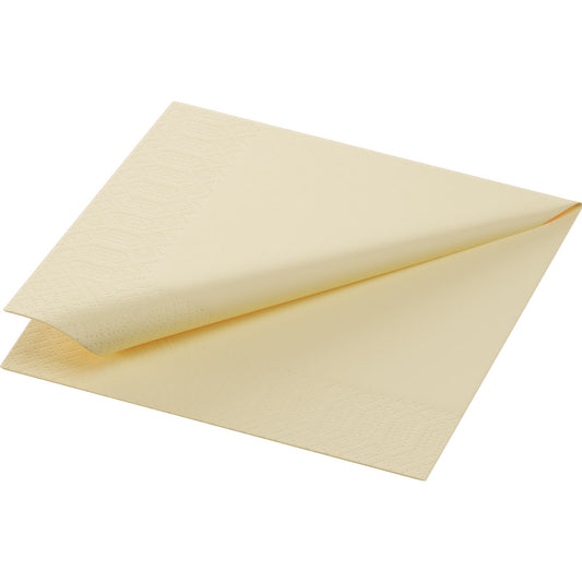 Abgebildet ist eine einzelne, ungefaltete Duni GmbH Zelltuchserviette (24 x 24 cm, 3-lagig, creme, dezenter Rand) aus einer 250er-Packung auf weißem Hintergrund.