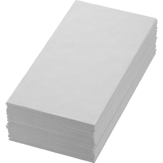 Ein Stapel gefalteter Duni GmbH Dunisoft-Servietten 48 x 48 cm, 1/8 Buchfalz, weiß (Packung mit 60 Stück) ist ordentlich auf einem einfarbigen Hintergrund angeordnet.