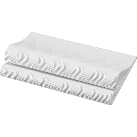 Die Elegance-Servietten 40 x 40 cm 1/4 Falz Lily weiß von Duni GmbH, mit dezenten Wellenmustern und einem raffinierten Design, bringen Raffinesse auf jeden modern gedeckten Tisch. Abgebildet sind 40 Servietten pro Packung auf einfarbig weißem Untergrund.