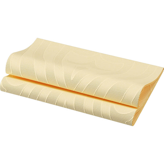 Ein gefalteter gelber Stoff mit weißem Wellenmuster liegt auf weißem Grund - ideal als Elegance-Servietten 40 x 40 cm 1/4 Falz Lily creme der Duni GmbH (40er Pack).