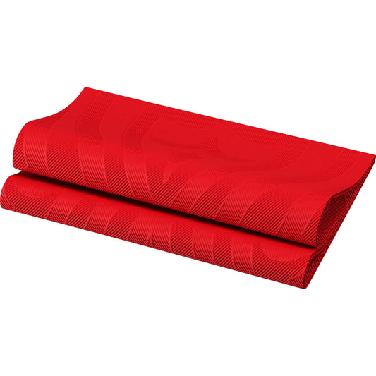 Die Elegance-Servietten 40 x 40 cm 1/4 Falz Lily rot von Duni GmbH haben ein dezentes Diagonalstreifen- und Wellenmuster - ideal als hochwertige Servietten für eine elegante Tischdekoration. Die Packung enthält 40 Servietten.