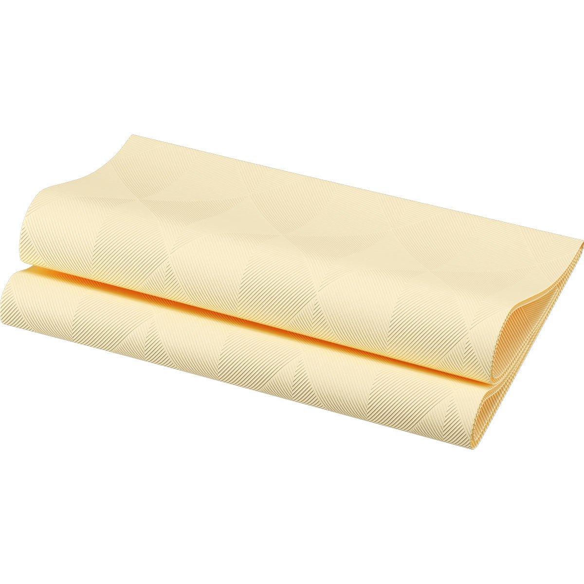 The folded Elegance napkins 40x40 cm in Crystal Cream by Duni GmbH, made of light yellow textured paper with a subtle geometric pattern, are depicted on a white background. The package contains 40 high-quality napkins for the elegantly set table.