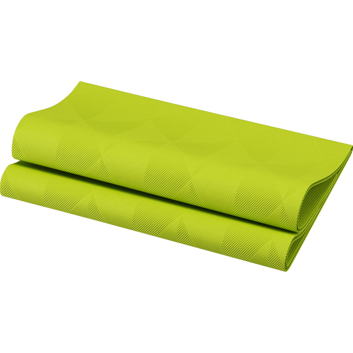 Eine Packung Elegance-Servietten 40 x 40 cm 1/4 Falz in Crystal kiwi von Duni GmbH wird vor einem weißen Hintergrund präsentiert. Die Servietten haben ein dezentes geometrisches Muster und werden im 40er-Pack geliefert.