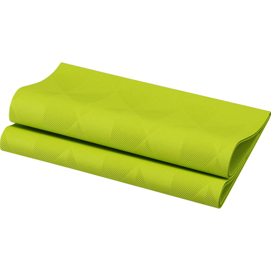 Eine Packung Elegance-Servietten 40 x 40 cm 1/4 Falz in Crystal kiwi von Duni GmbH wird vor einem weißen Hintergrund präsentiert. Die Servietten haben ein dezentes geometrisches Muster und werden im 40er-Pack geliefert.