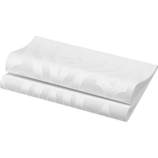 Gefaltete weiße Elegance-Servietten 48 x 48 cm 1/4 Falz Lily von Duni GmbH, mit einem subtilen geometrischen Muster aus dünnen, erhabenen Linien, die abstrakte Formen auf der Oberfläche bilden und an Lily Design erinnern.
