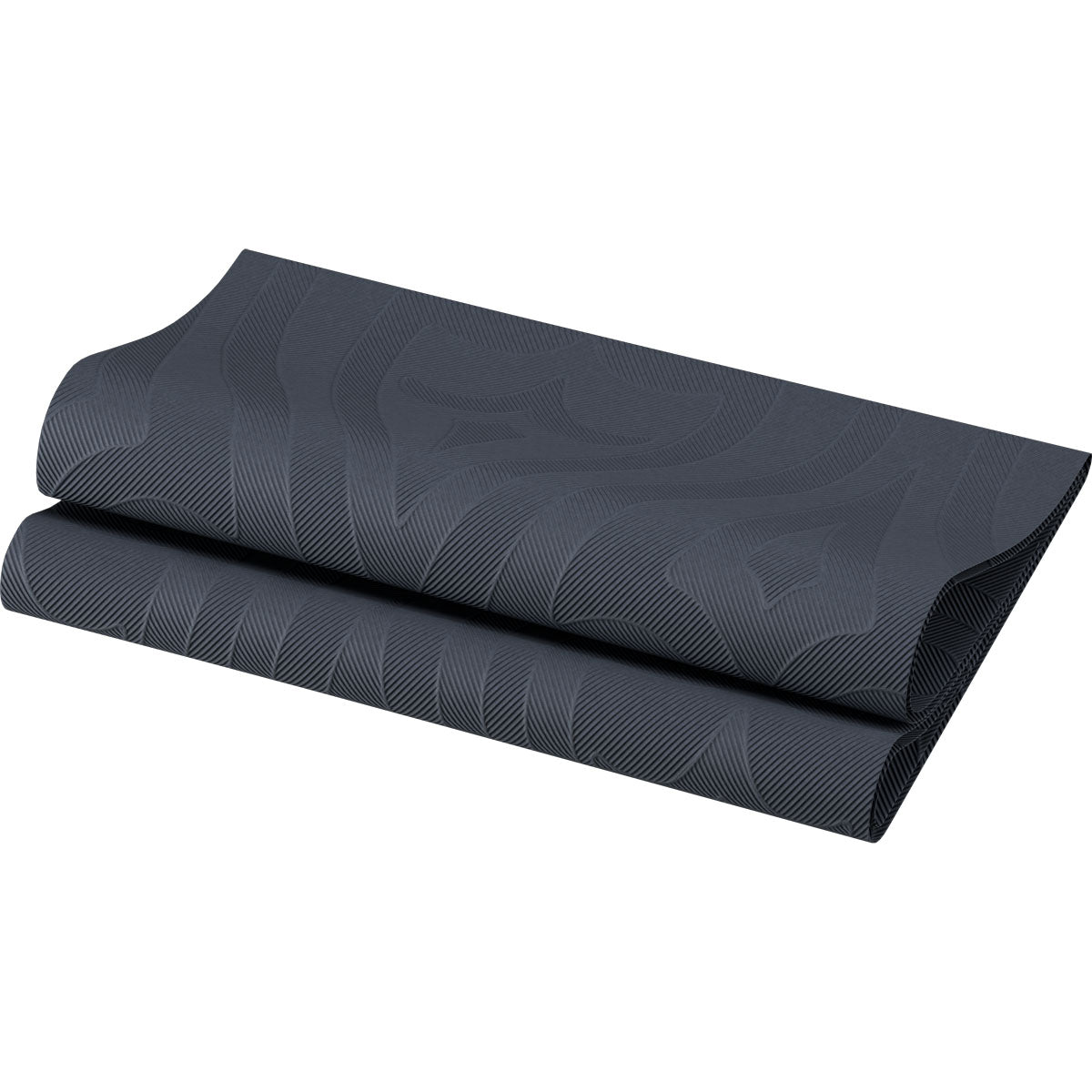Eine dunkelgraue Yogamatte mit dezentem, wellenförmigem Muster ist teilweise aufgerollt auf weißem Hintergrund zu sehen und spiegelt den edlen Look der Elegance-Servietten 48 x 48 cm 1/4 Falz Lily der Duni GmbH wider.