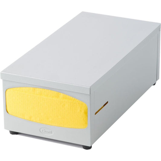 Der Duni GmbH Serviettenspender Metall f. 33x33 cm in steingrau ist ein rechteckiger, moderner Spender mit einem gelben Papiertuch, das teilweise durch die vordere Öffnung sichtbar ist - perfekt, um jedem Raum Stil und Funktion zu verleihen.