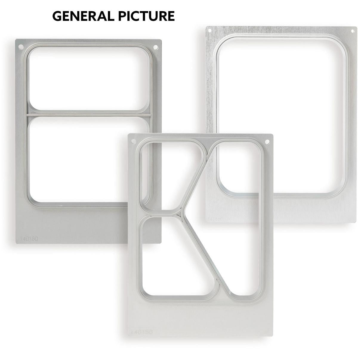 Drei Kassette DF15 Schalen für PP 1/4 GN Schalen (265x161 mm in den Höhen 60, 80 und 100 mm) von Duni GmbH werden vor einem weißen Hintergrund gezeigt. Zu sehen sind gebürstete Oberflächen, abgerundete Ecken und zwei obere Löcher. "ALLGEMEINES BILD" steht oben.