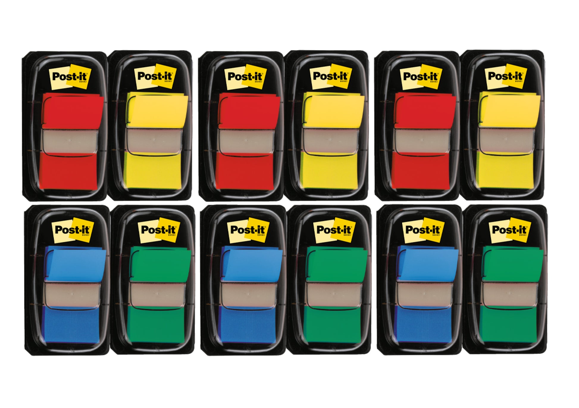 Das 3M Post-it® Index Haftstreifen Set enthält 12 Spender (8+4 gratis) mit je 50 Streifen in verschiedenen Farben (rot, gelb, blau, grün), ideal zur effizienten Dokumentenorganisation. Jeder Spender trägt ein gelbes Post-it Label.