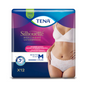 A pack of TENA Silhouette Plus White incontinence pants from TENA – Essity Germany GmbH, size M, shows a woman wearing the product on the packaging. It highlights protection for bladder weakness and wearing comfort and contains 12 pieces.