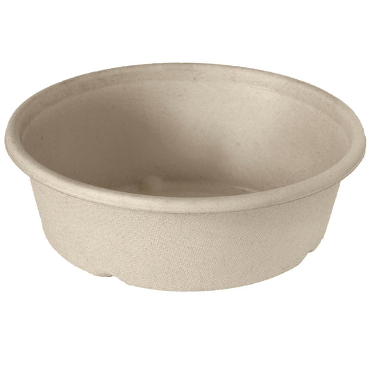 Die Salatschale Bagasse Braun von Duni GmbH ist eine runde, beige Schale aus biologisch abbaubarem Bagasse-umweltfreundlich und ideal für umweltbewusste Entscheidungen. Abgebildet auf einem weißen Hintergrund.