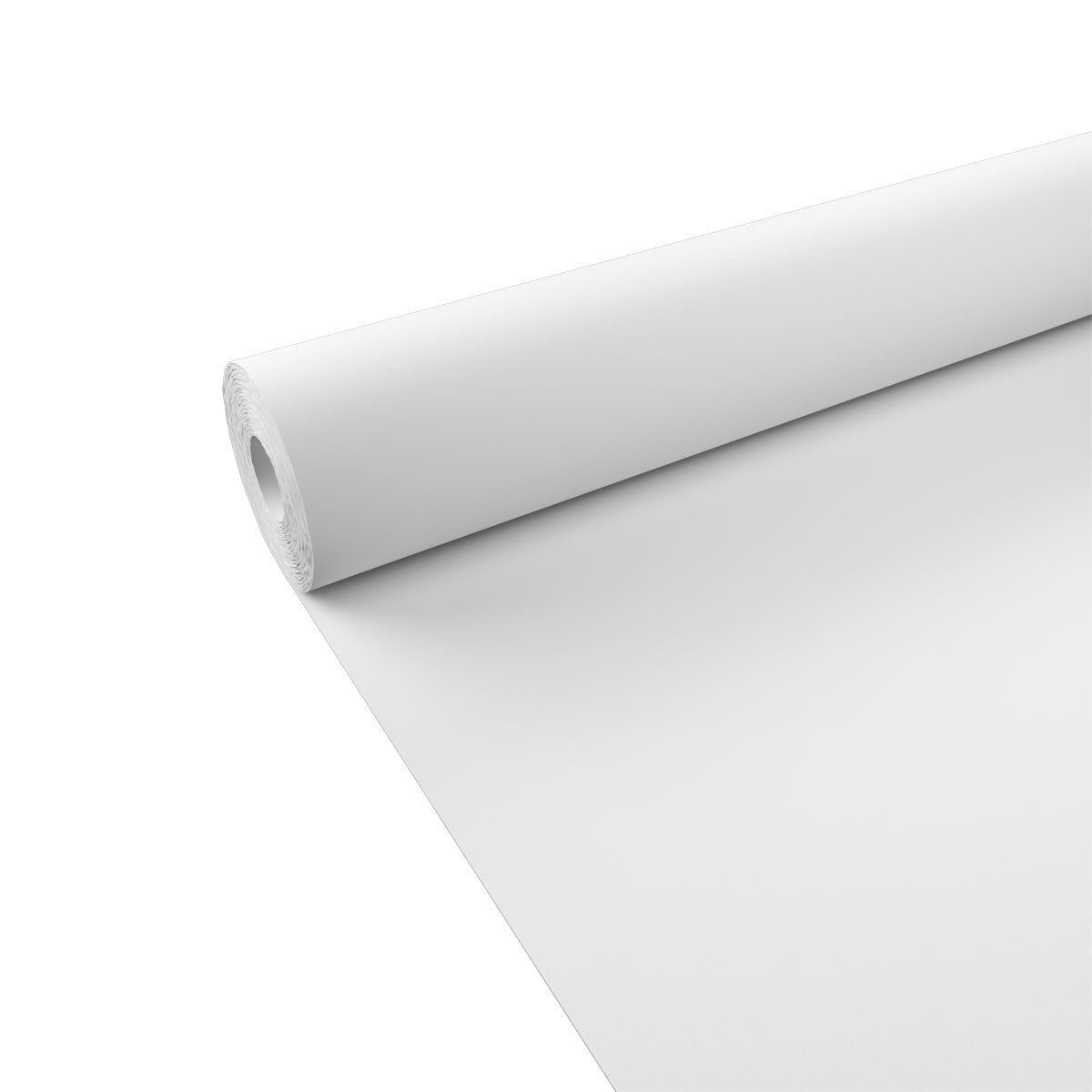A roll of Duni GmbH paper tablecloth roll 100x1.0 m - White disposable tablecloth is partially unrolled on a white background, showing its smooth, cylindrical shape - ideal for a stylish table decoration.