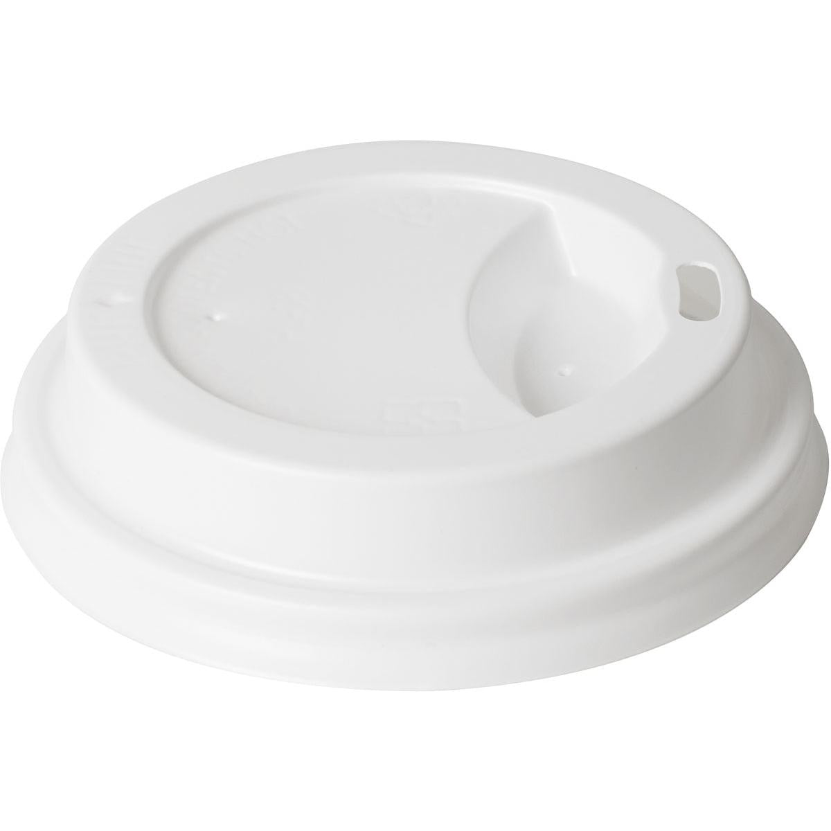The lid for 159921 White PS from Duni GmbH is a white PS coffee cup lid with a small oval drinking hole and a raised edge. It is sold in packs of 100 pieces and matches lid 159921 in terms of convenience and versatility. Pictured on a white background.
