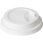 The lid for 159921 White PS from Duni GmbH is a white PS coffee cup lid with a small oval drinking hole and a raised edge. It is sold in packs of 100 pieces and matches lid 159921 in terms of convenience and versatility. Pictured on a white background.