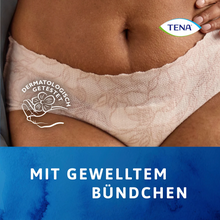 A close-up shows someone wearing TENA Silhouette Plus White incontinence pants from TENA – Essity Germany GmbH. The text reads "With wavy waistband" and "Dermatologically tested," with the TENA Silhouette logo at the top right.